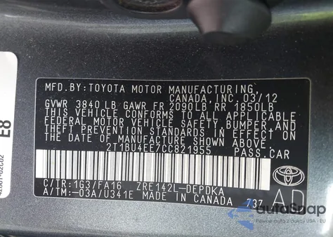 2012 Toyota Corolla L z USA, uszkodzony, nr VIN 2T1BU4EE7CC821955